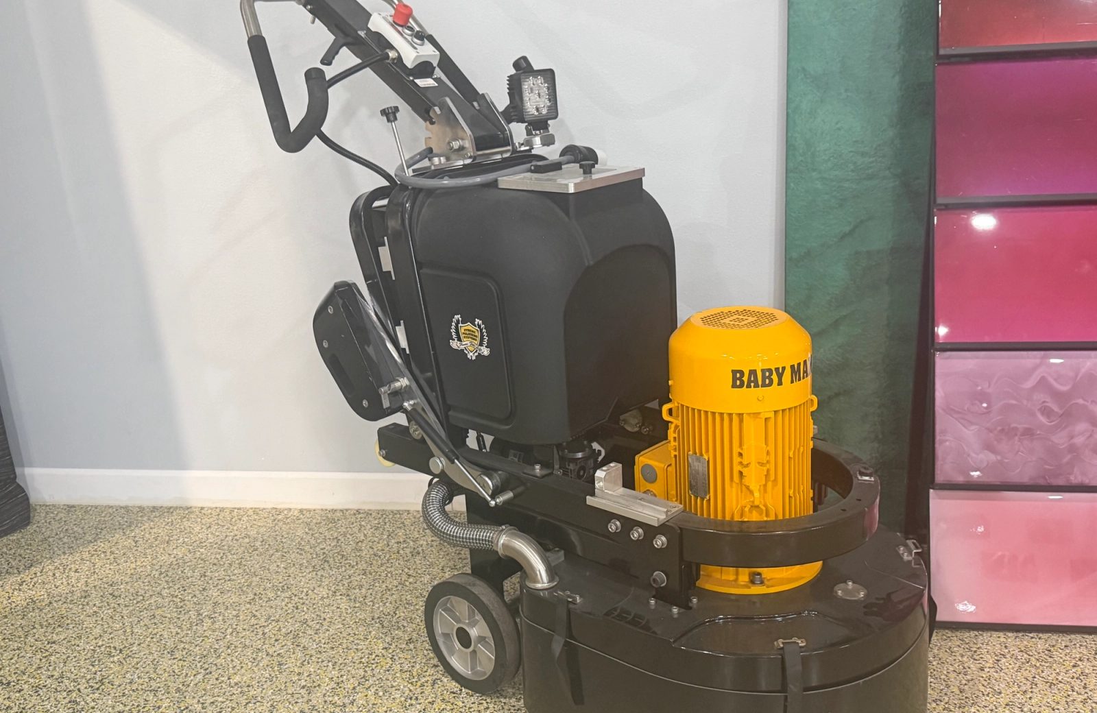 Floor grinder and coating color samples, Colin Coatings Des Moines